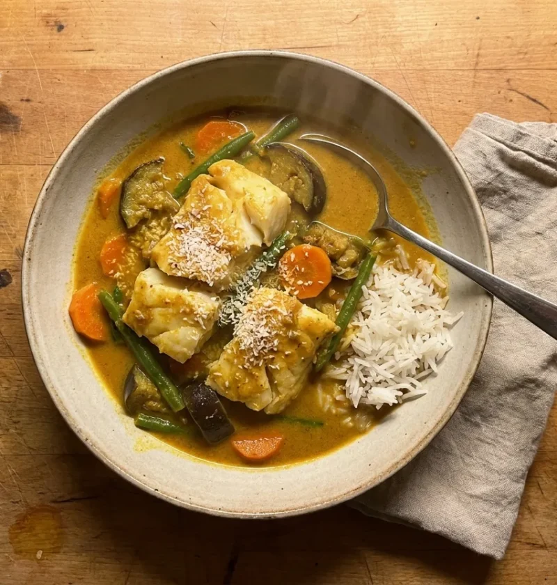 Gordon Ramsay fish curry with flaky cod, aubergine, carrots and green beans in a golden coconut tamarind sauce with basmati rice