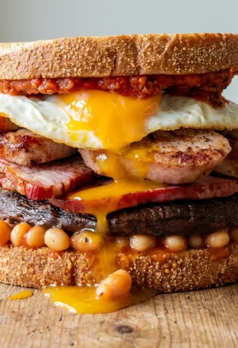 Gordon Ramsay full English breakfast sandwich cut open showing baked beans, roasted portobello, back bacon, sausage and a runny fried egg