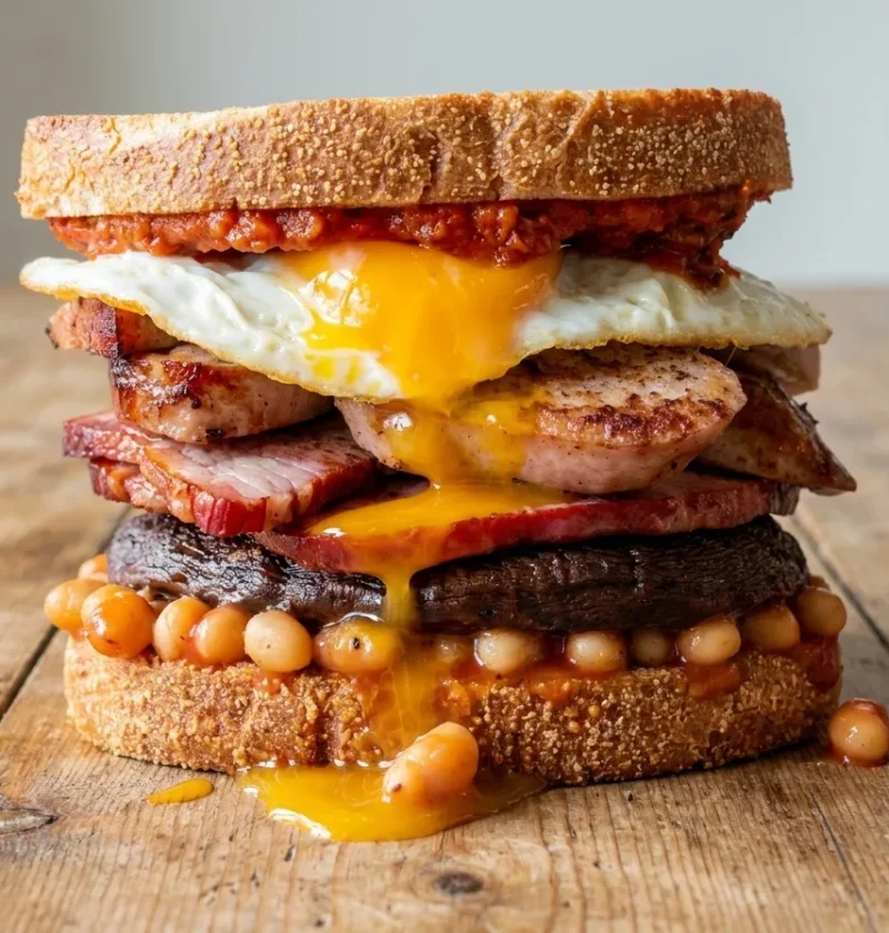 Gordon Ramsay full English breakfast sandwich cut open showing baked beans, roasted portobello, back bacon, sausage and a runny fried egg
