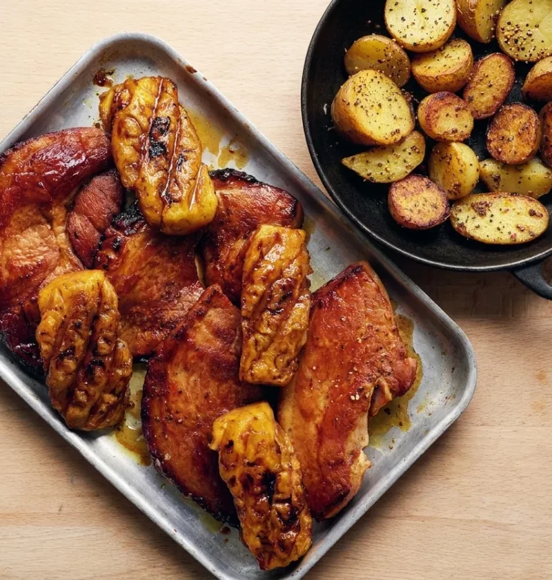 Gordon Ramsay gammon steaks with treacle glaze and charred grilled pineapple on a metal tray, gunpowder potatoes in a cast iron pan