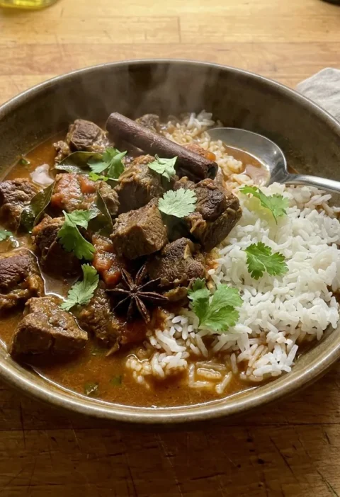 Gordon Ramsay goat curry with tender slow cooked goat in a light tomato sauce with cinnamon and star anise, served over plain steamed rice