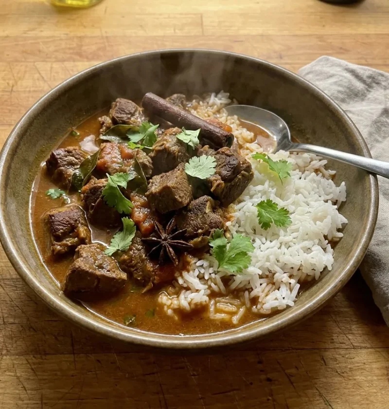 Gordon Ramsay goat curry with tender slow cooked goat in a light tomato sauce with cinnamon and star anise, served over plain steamed rice