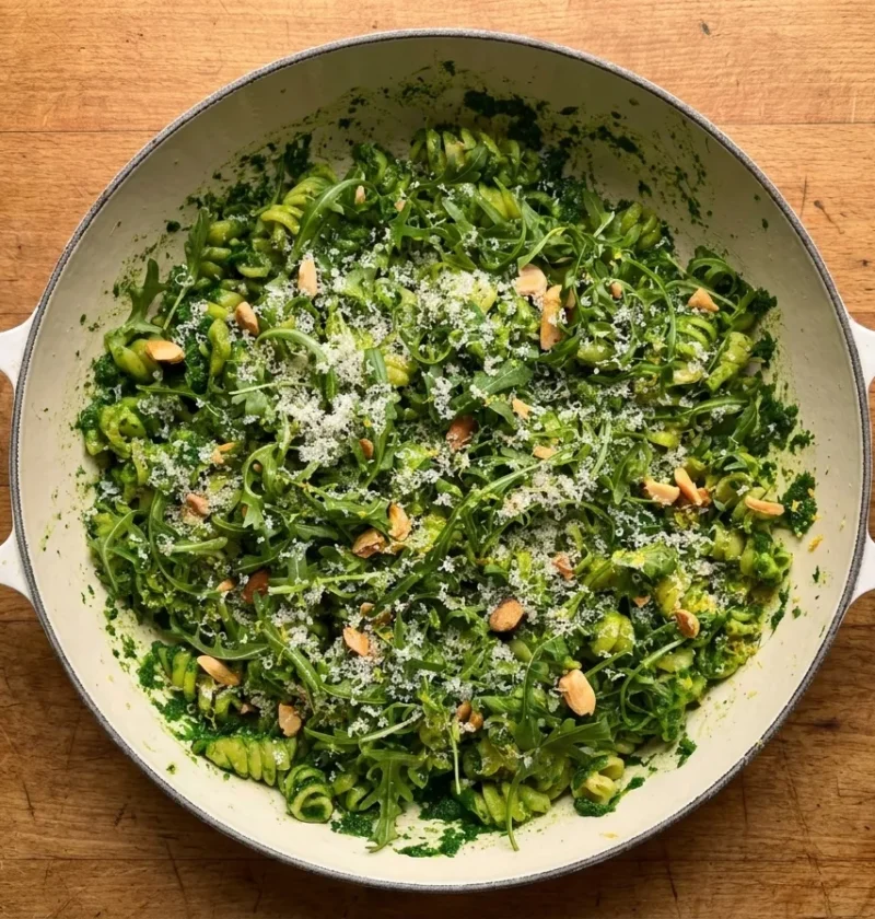 Gordon Ramsay green pasta with fusilli in kale sauce, topped with rocket, crushed almonds, Parmesan and lemon zest