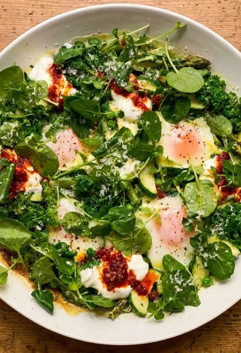 Gordon Ramsay green shakshuka with baked eggs over kale, courgette, asparagus and peas, topped with yoghurt, chilli oil and watercress