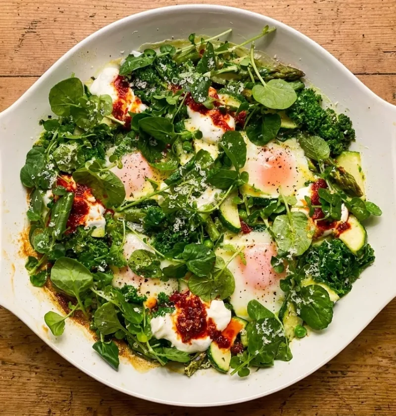 Gordon Ramsay green shakshuka with baked eggs over kale, courgette, asparagus and peas, topped with yoghurt, chilli oil and watercress