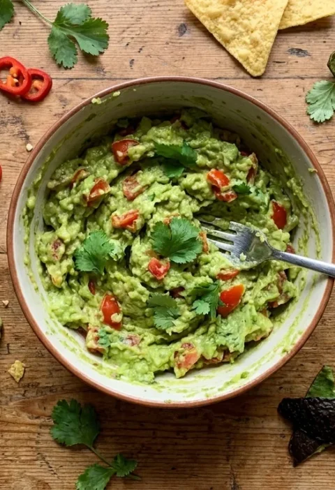 Gordon Ramsay guacamole chunky avocado dip with tomato coriander and chilli in a bowl with tortilla chips on a wood table