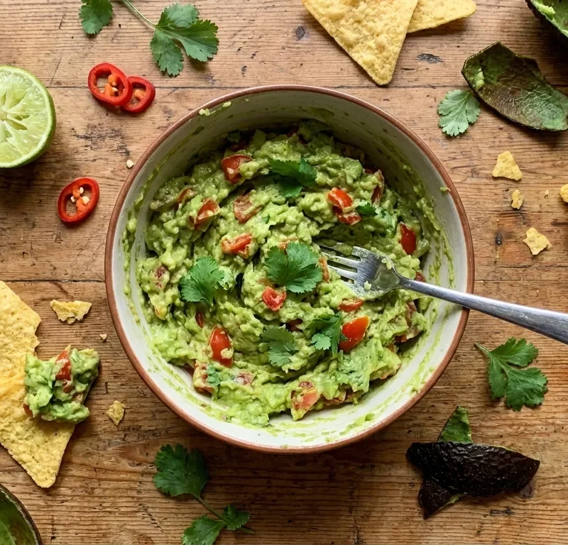 Gordon Ramsay guacamole chunky avocado dip with tomato coriander and chilli in a bowl with tortilla chips on a wood table