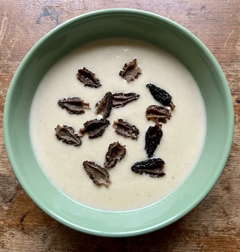 Gordon Ramsay Jerusalem artichoke soup blended smooth and pale beige, scattered with halved fried morels