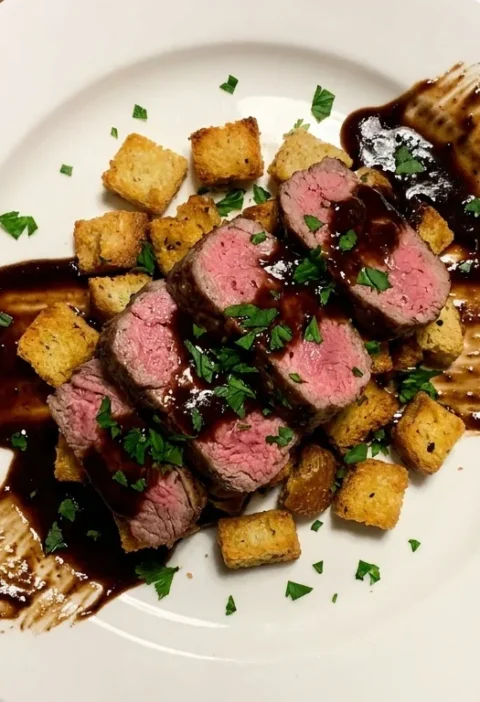 Gordon Ramsay lamb steak on milk-soaked fried bread croutons with anchovy vinaigrette