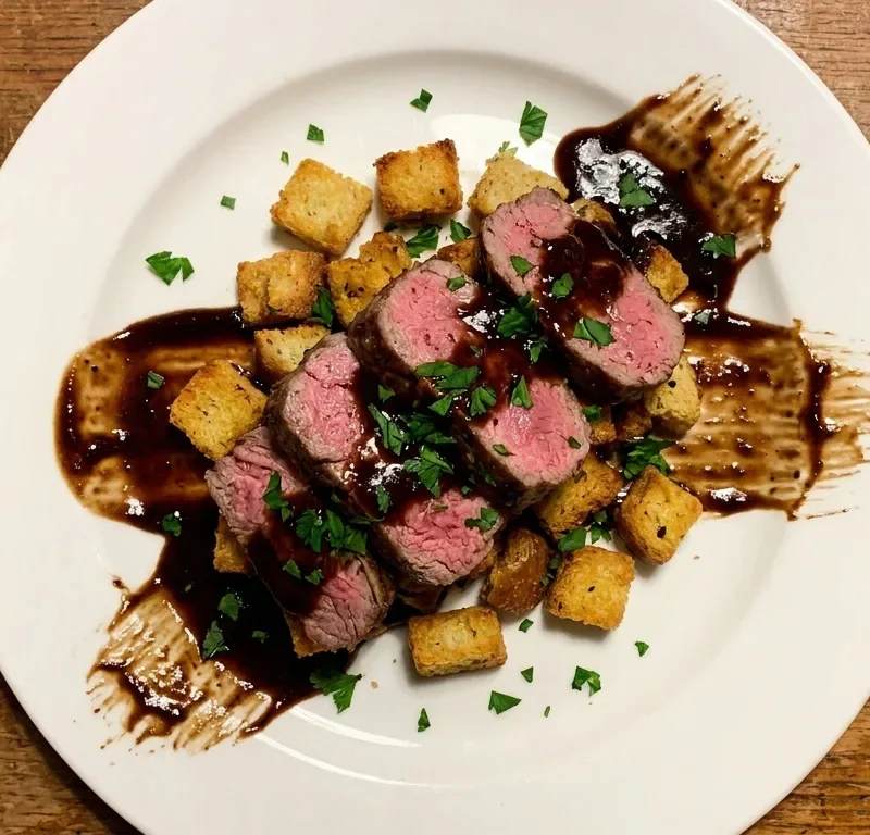 Gordon Ramsay lamb steak on milk-soaked fried bread croutons with anchovy vinaigrette