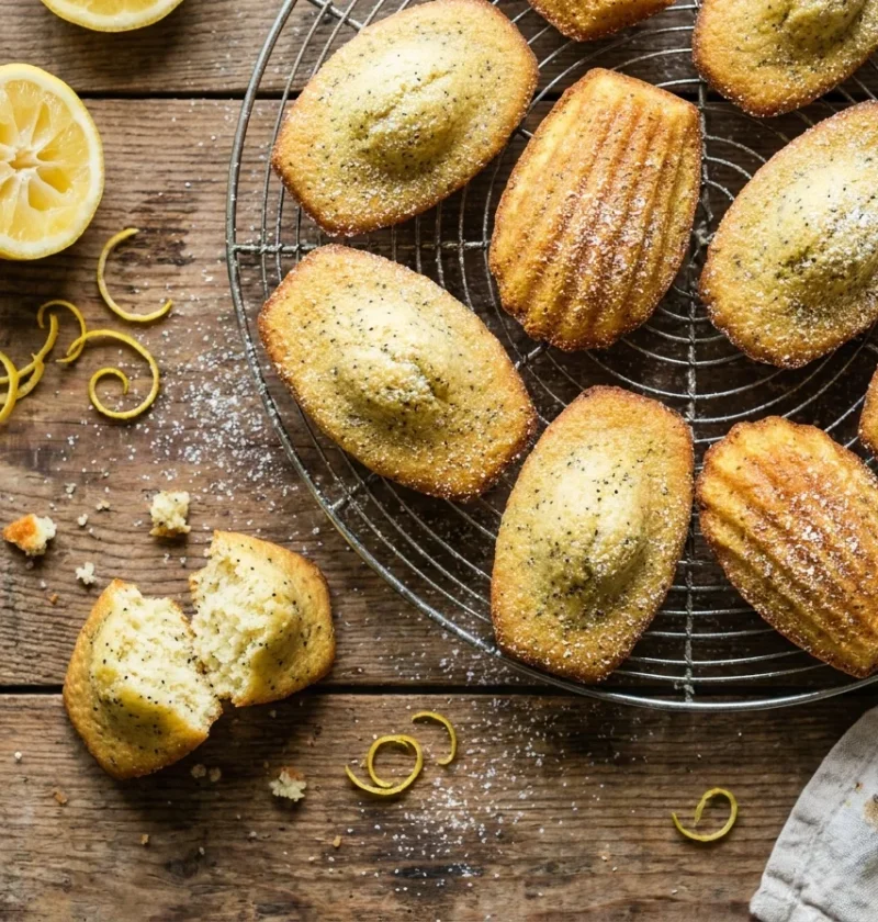 Gordon Ramsay lemon and poppy seed madeleines on a wire rack with lemon zest