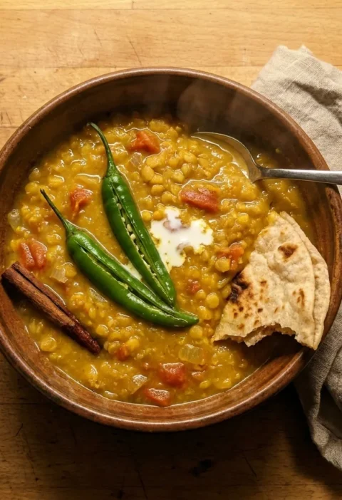 Gordon Ramsay lentil curry with golden tuvar dal, slit green chillies, cream swirl, cinnamon stick and chapatti