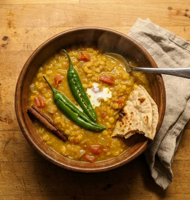 Gordon Ramsay lentil curry with golden tuvar dal, slit green chillies, cream swirl, cinnamon stick and chapatti