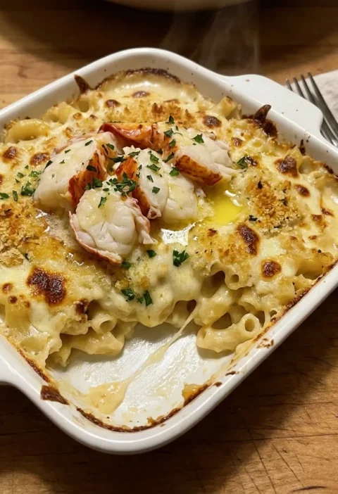 Gordon Ramsay lobster mac and cheese baked in a gratin dish with butter poached lobster tail on top