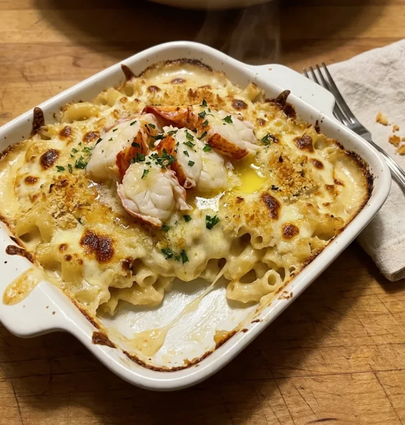 Gordon Ramsay lobster mac and cheese baked in a gratin dish with butter poached lobster tail on top