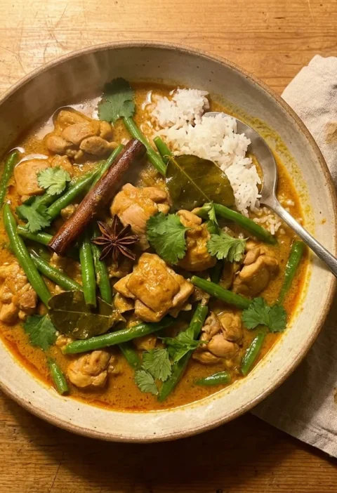 Gordon Ramsay Malaysian chicken curry with chicken thighs, green beans, star anise and cinnamon in a golden coconut sauce with jasmine rice