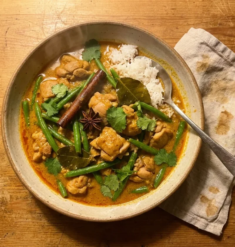 Gordon Ramsay Malaysian chicken curry with chicken thighs, green beans, star anise and cinnamon in a golden coconut sauce with jasmine rice