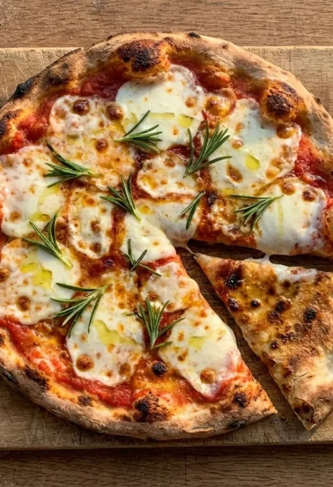 Gordon Ramsay margherita pizza cooked in a frying pan with passata mozzarella and rosemary on a wooden board
