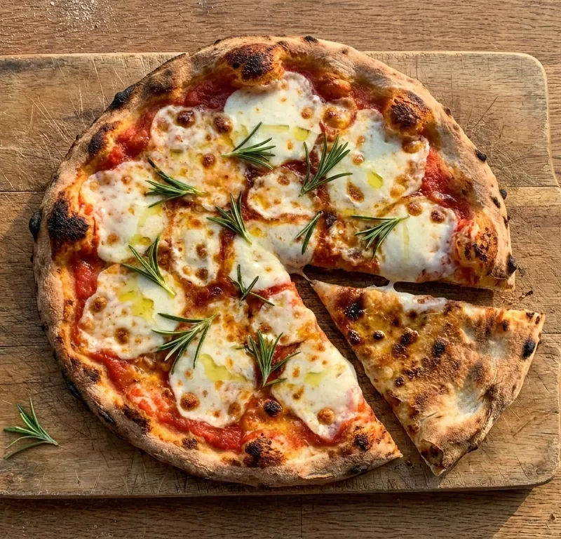 Gordon Ramsay margherita pizza cooked in a frying pan with passata mozzarella and rosemary on a wooden board