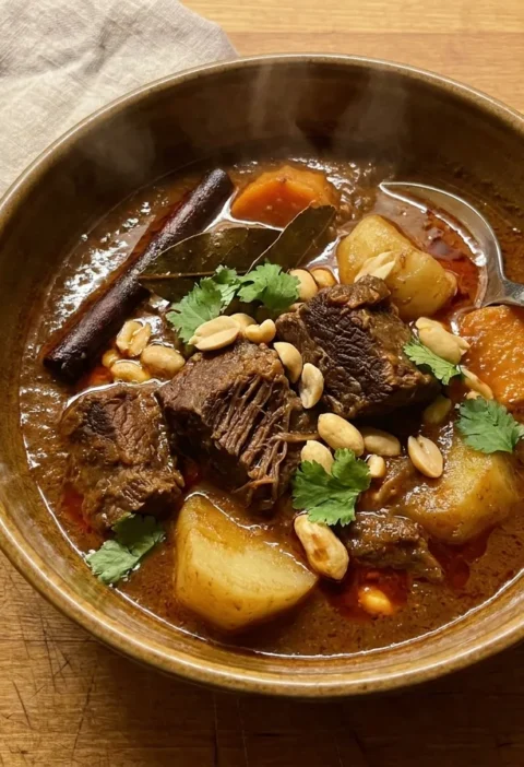 Gordon Ramsay massaman curry with slow-cooked beef, potato and sweet potato in a thick coconut sauce, topped with roasted peanuts and coriander
