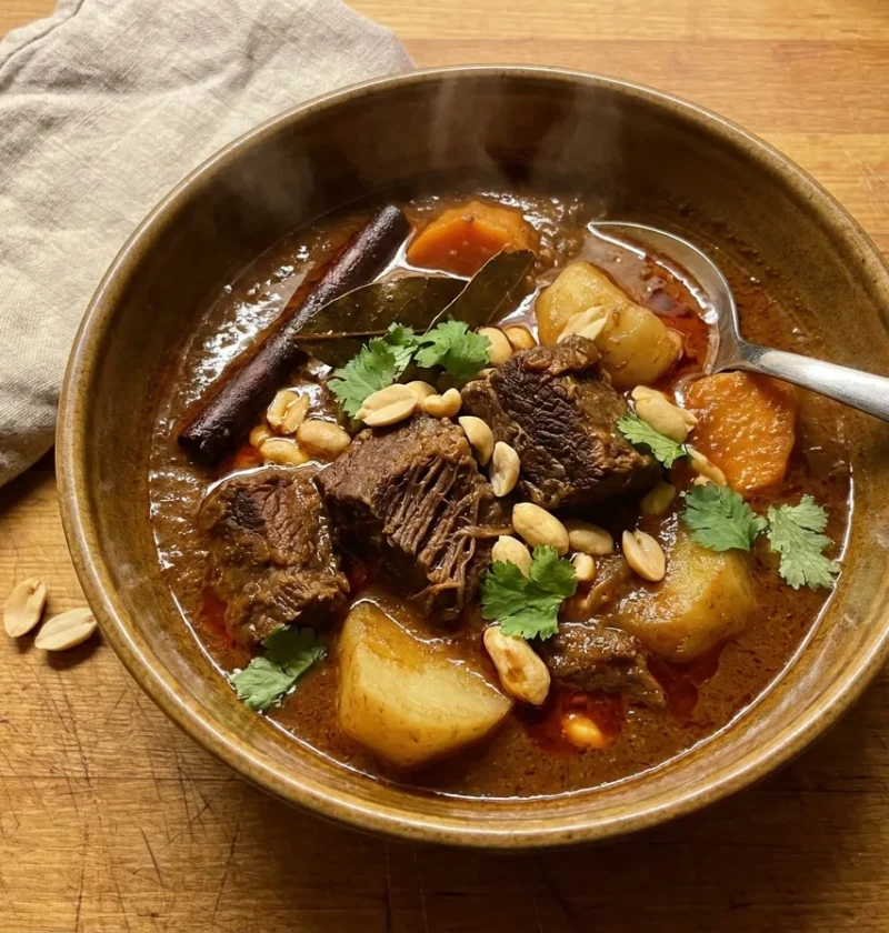 Gordon Ramsay massaman curry with slow-cooked beef, potato and sweet potato in a thick coconut sauce, topped with roasted peanuts and coriander