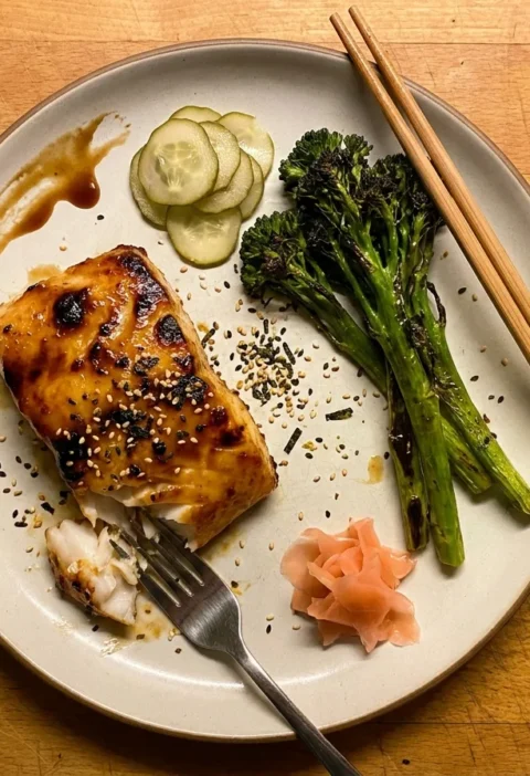 Gordon Ramsay miso cod, cod fillet with caramelised golden miso glaze, furikake, roasted Tenderstem broccoli, cucumber pickle and pickled ginger