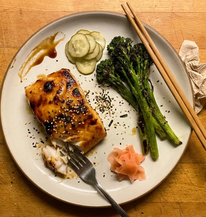 Gordon Ramsay miso cod, cod fillet with caramelised golden miso glaze, furikake, roasted Tenderstem broccoli, cucumber pickle and pickled ginger