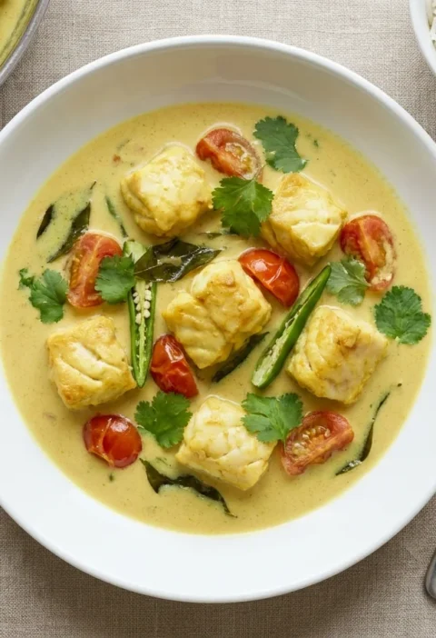 Gordon Ramsay monkfish curry, turmeric-gold monkfish chunks in a pale coconut moilee with cherry tomatoes, green chillies, curry leaves and coriander, basmati rice alongside
