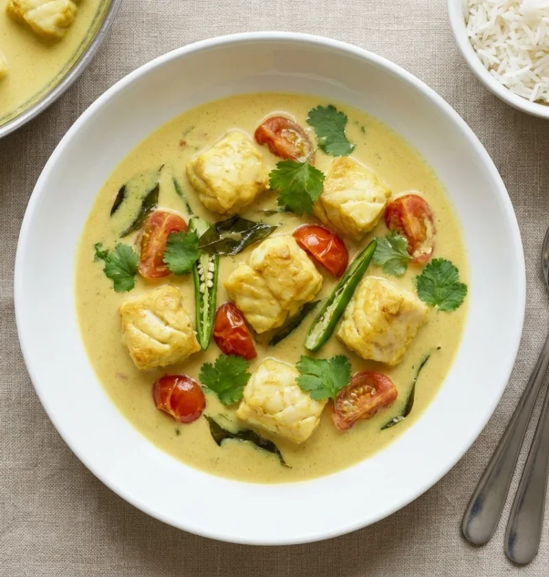 Gordon Ramsay monkfish curry, turmeric-gold monkfish chunks in a pale coconut moilee with cherry tomatoes, green chillies, curry leaves and coriander, basmati rice alongside