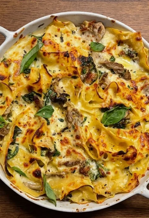 Gordon Ramsay mushroom lasagne with golden grilled cheese top, ruffled pasta edges, mushrooms, spinach and fresh basil in a white pan