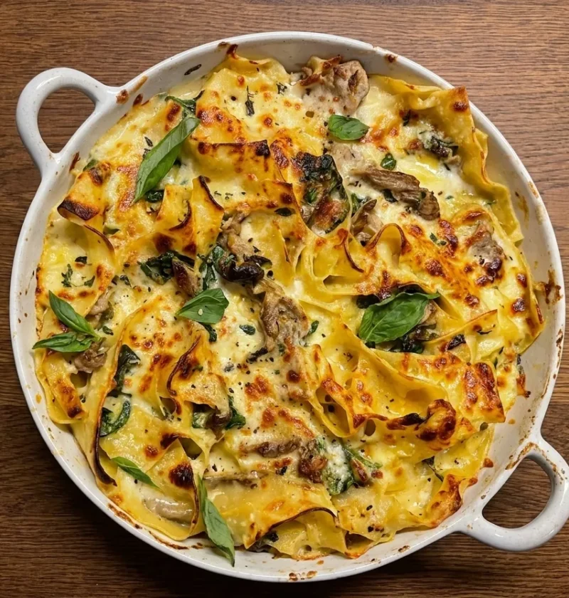 Gordon Ramsay mushroom lasagne with golden grilled cheese top, ruffled pasta edges, mushrooms, spinach and fresh basil in a white pan