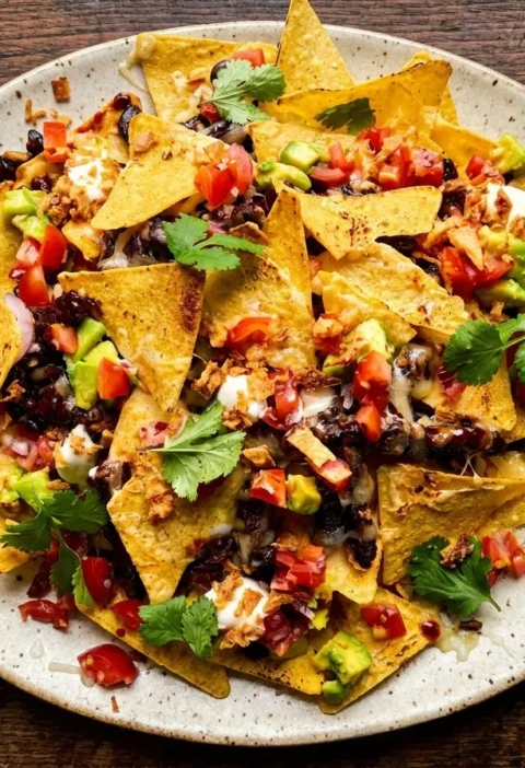 Gordon Ramsay nachos loaded with barbecue beef, black beans, melted cheese, tomato, avocado and crispy fried onions on a cream platter