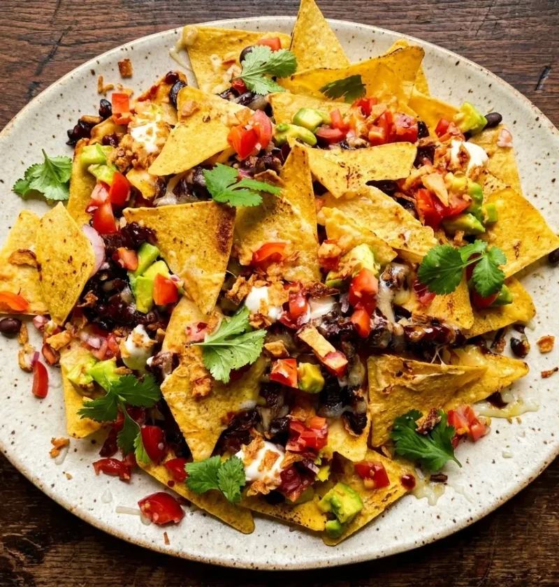 Gordon Ramsay nachos loaded with barbecue beef, black beans, melted cheese, tomato, avocado and crispy fried onions on a cream platter