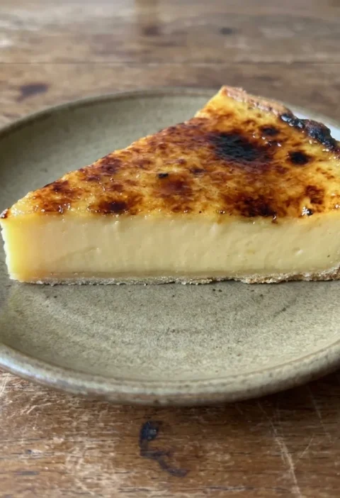 Gordon Ramsay orange and lemon tart sliced to show thin pastry, pale citrus custard and a torched sugar crust
