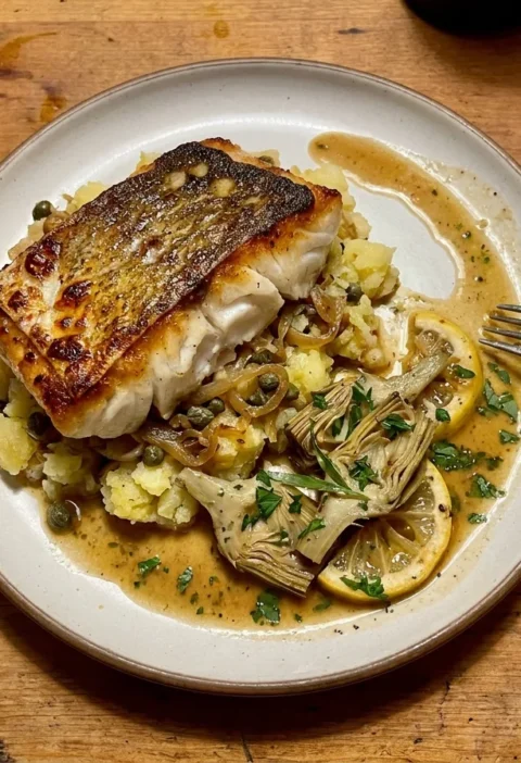 Gordon Ramsay pan seared cod, crispy skin cod loin fillet on crushed potatoes with capers, braised artichokes and brown butter sauce