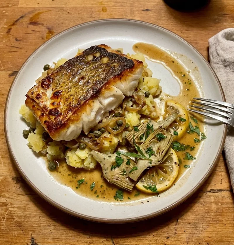 Gordon Ramsay pan seared cod, crispy skin cod loin fillet on crushed potatoes with capers, braised artichokes and brown butter sauce