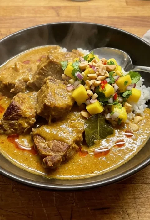 Gordon Ramsay pork neck curry with mango salsa, slow-simmered pork in golden coconut curry sauce topped with fresh mango peanut salsa over jasmine rice