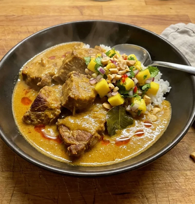 Gordon Ramsay pork neck curry with mango salsa, slow-simmered pork in golden coconut curry sauce topped with fresh mango peanut salsa over jasmine rice
