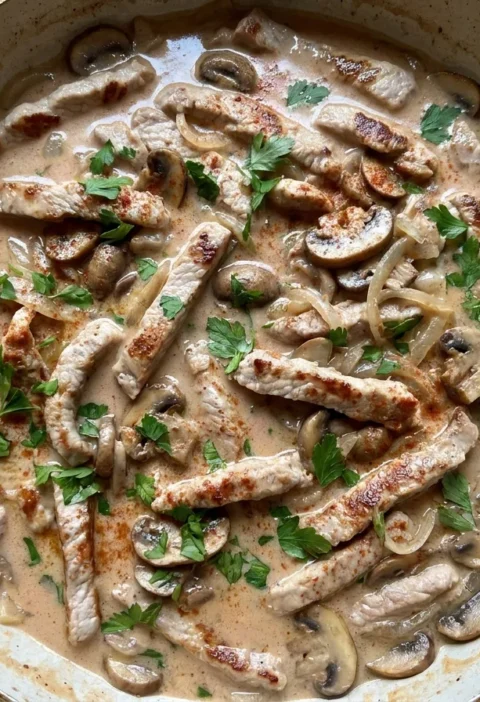 Gordon Ramsay pork stroganoff in a pan with seared tenderloin strips, sliced mushrooms and onion in a loose paprika cream sauce