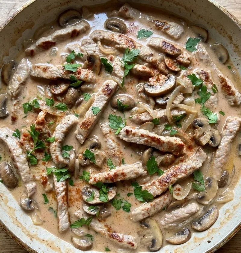 Gordon Ramsay pork stroganoff in a pan with seared tenderloin strips, sliced mushrooms and onion in a loose paprika cream sauce