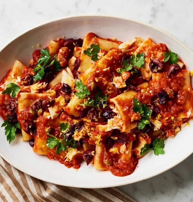 Gordon Ramsay tuna puttanesca with paccheri pasta, black olives, capers, lemon zest and parsley in a white oval dish