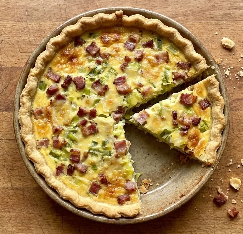 Gordon Ramsay bacon and leek quiche with golden Gruyere top and shortcrust pastry in a ceramic dish