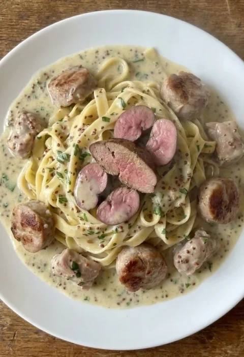 Gordon Ramsay rabbit fricassee spooned hot over tagliatelle with grain mustard cream sauce and halved kidneys on top