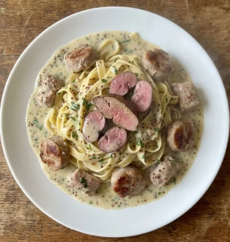Gordon Ramsay rabbit fricassee spooned hot over tagliatelle with grain mustard cream sauce and halved kidneys on top