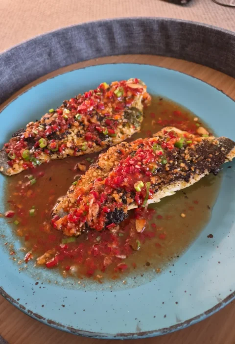 Reader's sea bass version of Gordon Ramsay's red mullet with peanut crust and sweet chilli sauce