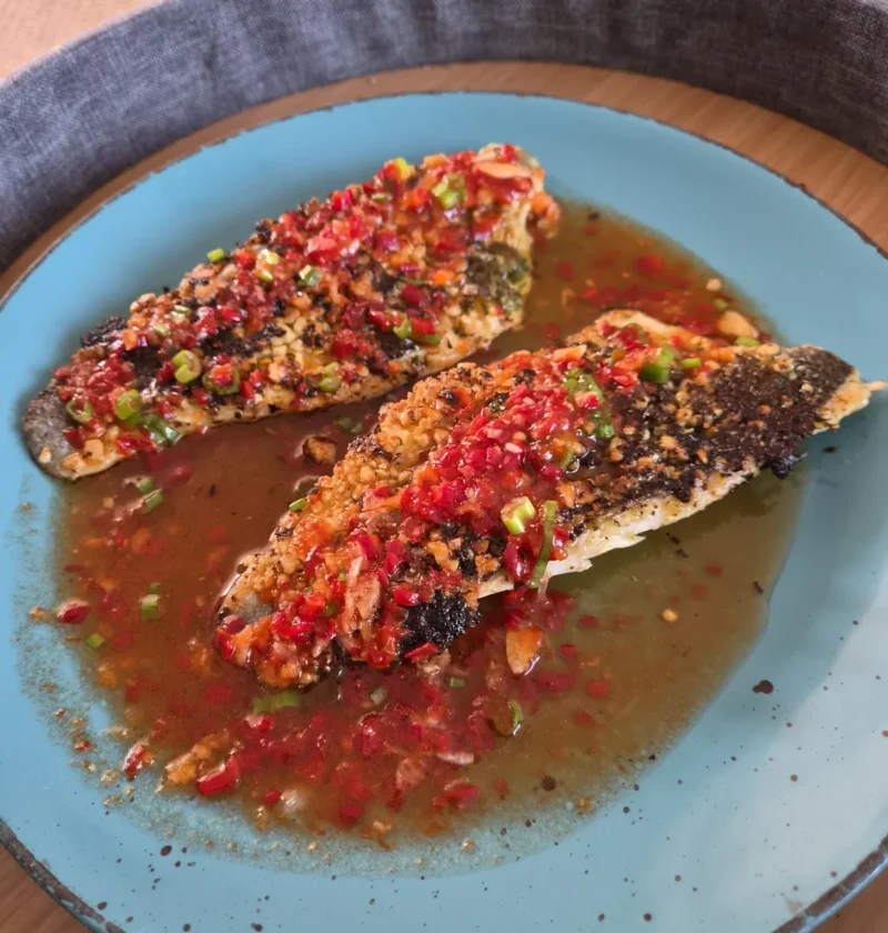 Reader's sea bass version of Gordon Ramsay's red mullet with peanut crust and sweet chilli sauce