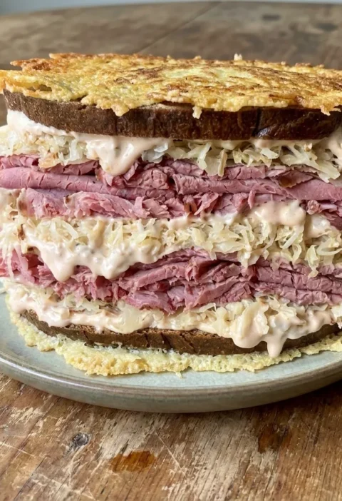 Gordon Ramsay reuben sandwich stacked with corned beef and sauerkraut, with a crisp fried cheese crust fused to the outside of the rye