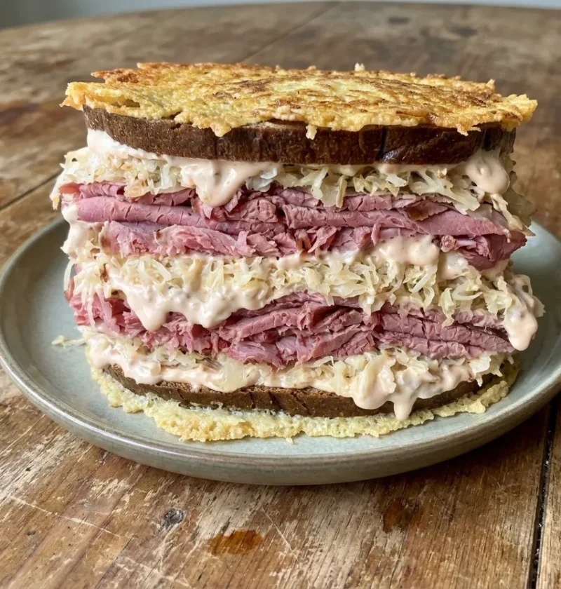 Gordon Ramsay reuben sandwich stacked with corned beef and sauerkraut, with a crisp fried cheese crust fused to the outside of the rye