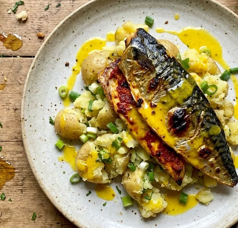 Gordon Ramsay roasted mackerel with garlic paprika paste on crushed potatoes with saffron vinaigrette