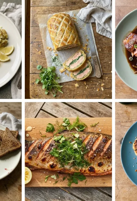 Six Gordon Ramsay salmon recipes: crispy skin salmon, salmon wellington, teriyaki salmon, beetroot cured salmon, grilled whole salmon and salmon fish cakes